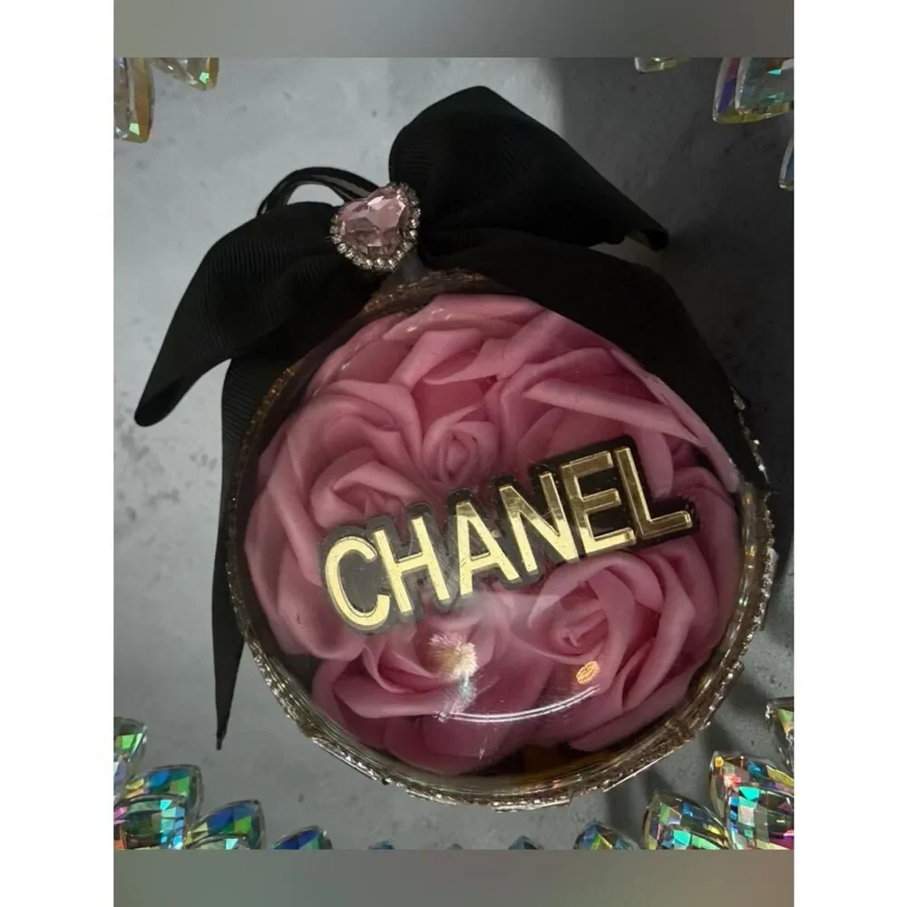 Luxury Pink Rose Ornament 4in Black Bow Gold Rhinestone Glam Chic Gift Decor
